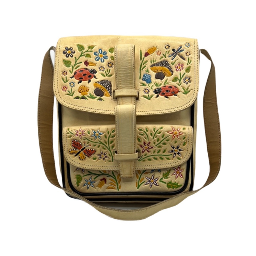 Vintage Y2K Embossed Handpainted Leather Bag Vibrant Yellow Green Crossbody Bag